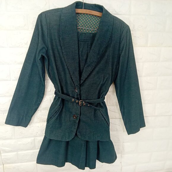 Vintage '70s 2-pc Set Suit Corduroy Blazer Belted + Skirt Kick Pleat S/M(6-8) - Picture 2 of 10
